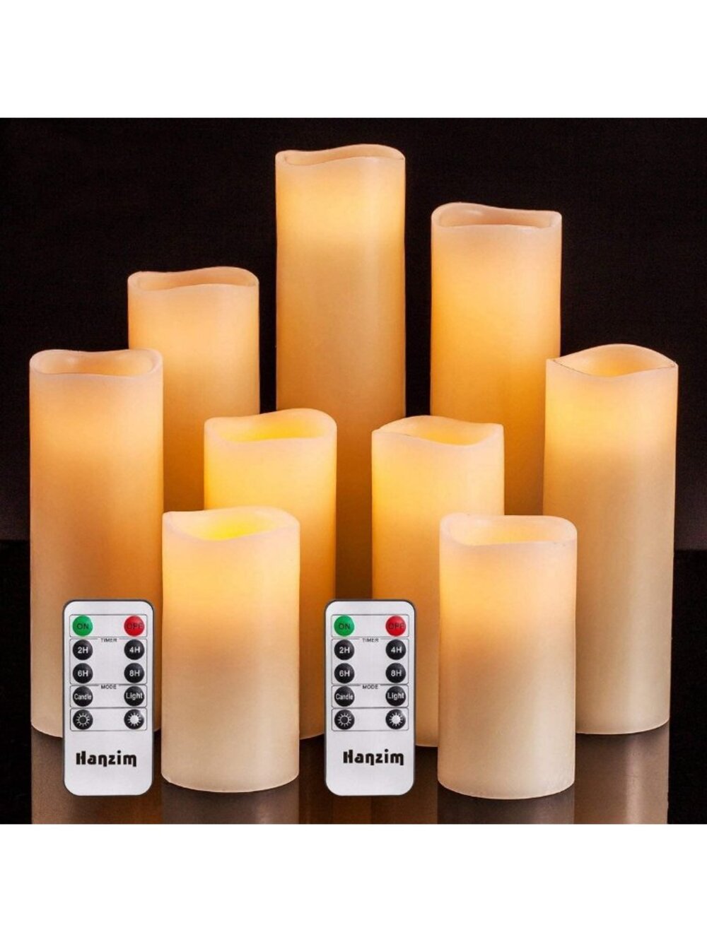 Set of 9 Flameless LED Pillar Candles with Remote Control - Battery Operated